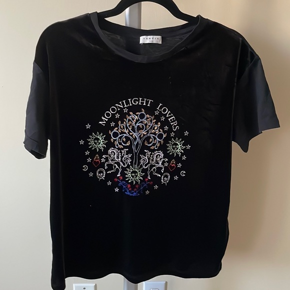 Sandro Paris Moonlight Lovers Embroidered Stretch Velvet Tee, size S - Picture 5 of 11
